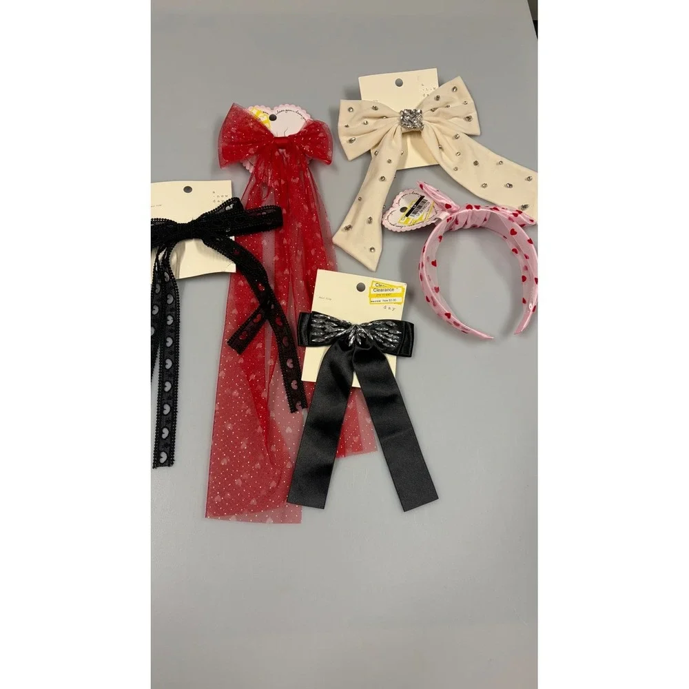 A New Day Hair Accessory Set 5pc Bows Headband Hearts Rhinestones Black Red Pink